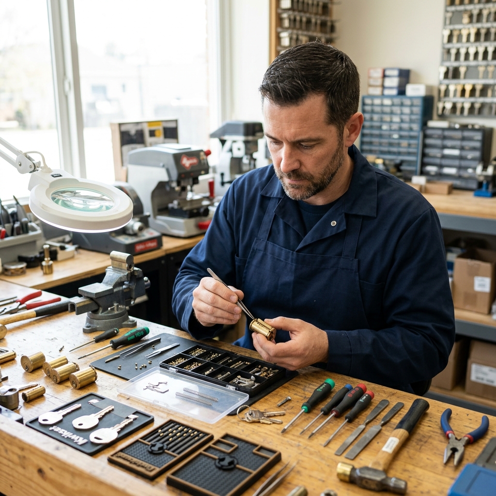 Locksmith technician assembling locks at workbench
