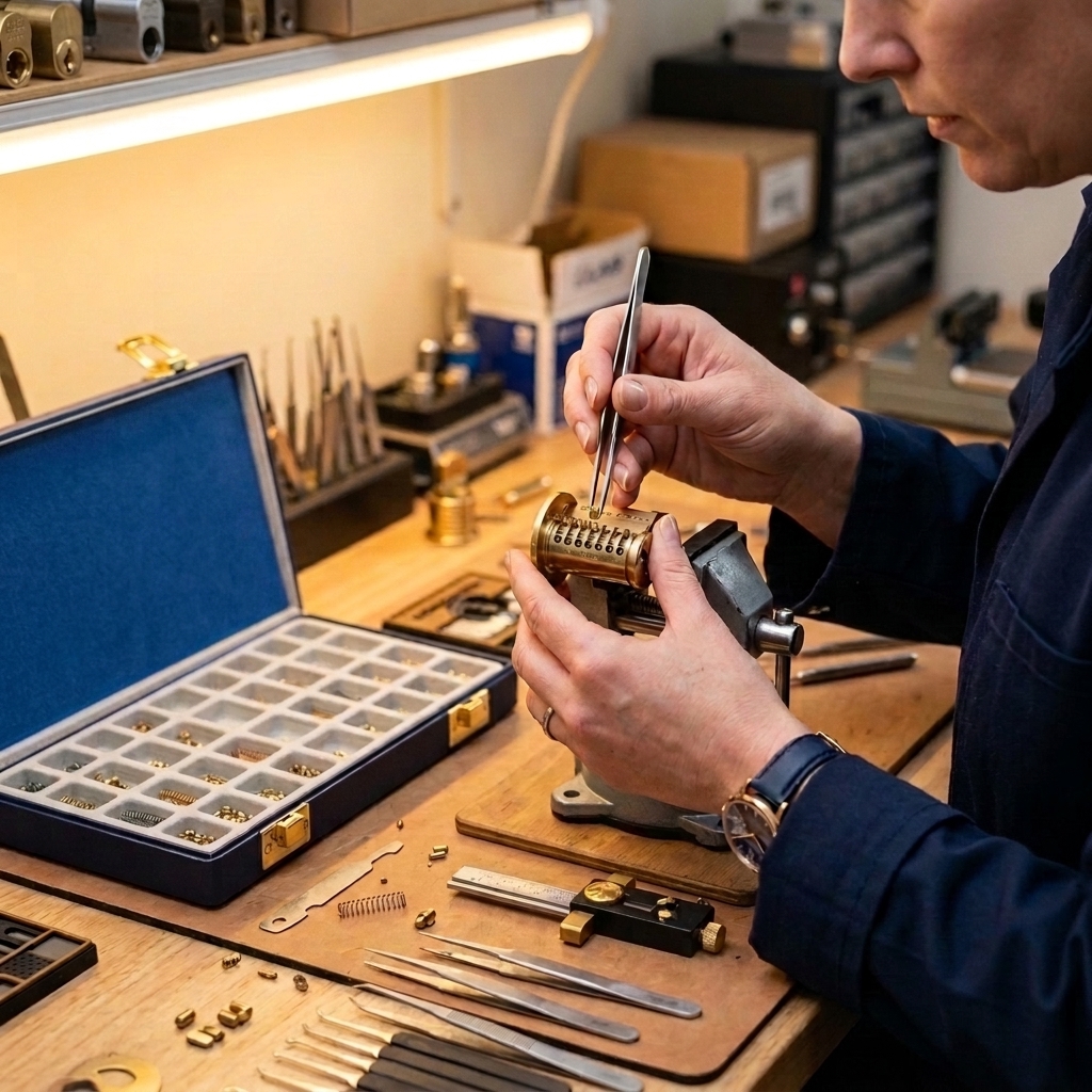 Locksmith tools and keys on workbench